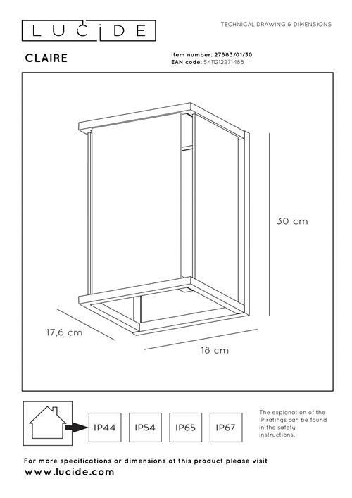 Lucide CLAIRE - Applique murale Intérieur/Extérieur - 1xE27 - IP54 - Anthracite - technique